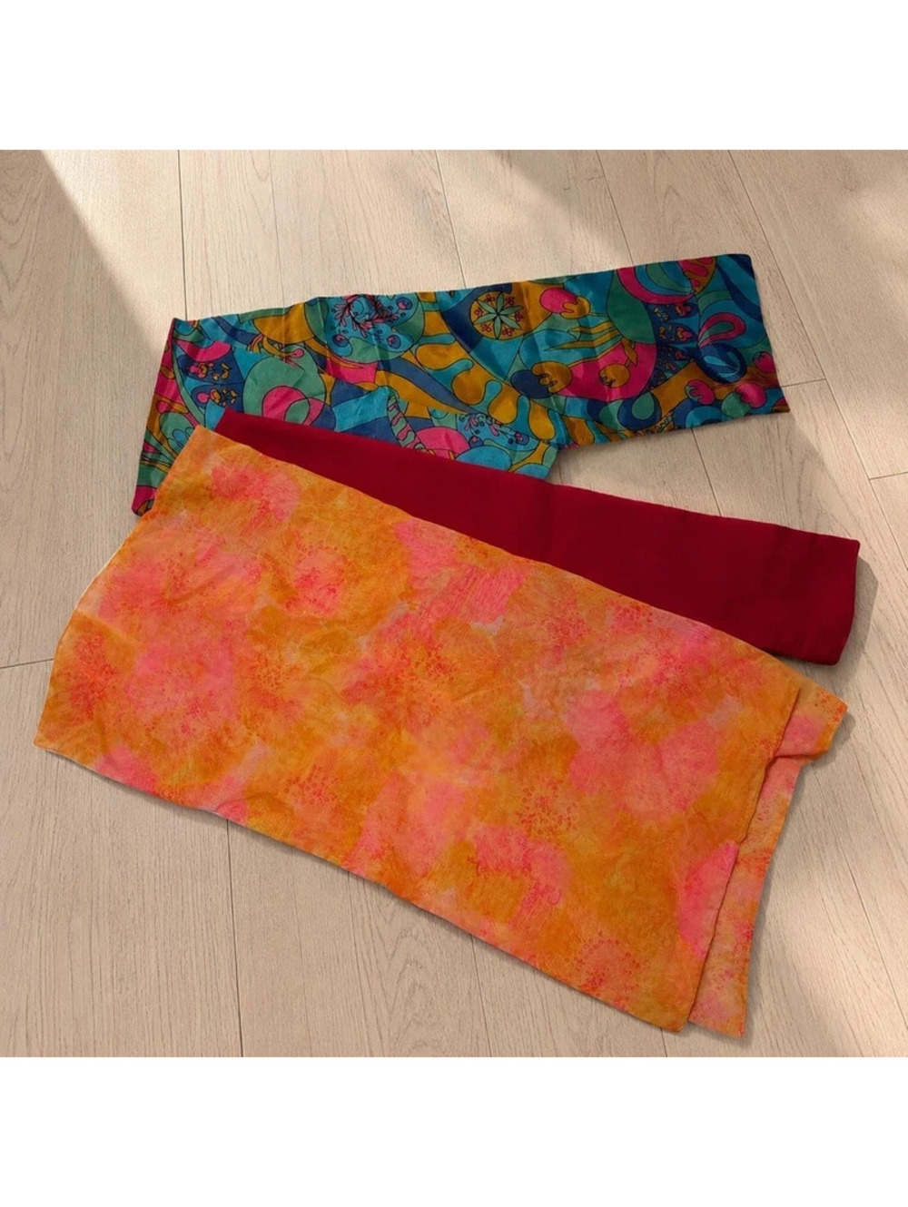 3 Pc Vintage Scarf Bundle Colorful Floral Abstract Red Orange Boho Scarves